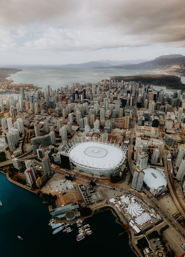 Aerial view of Vancouver with BC Place Stadium and downtown skyline