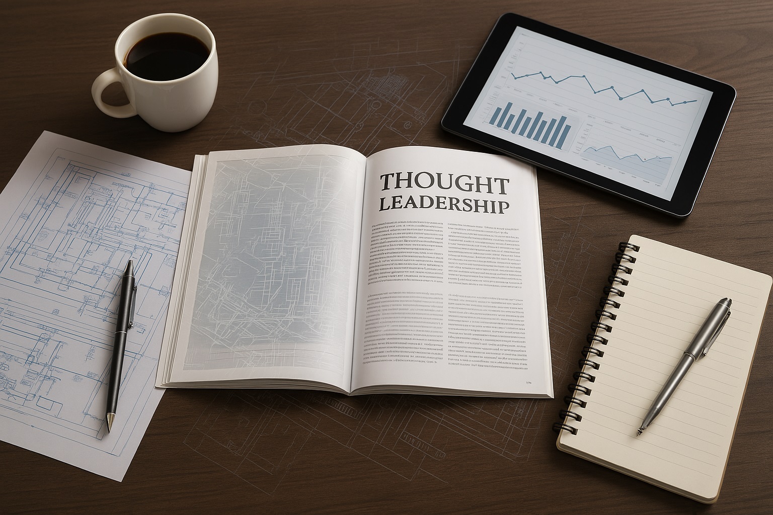 Technical Writing & Thought Leadership - Magazine with blueprints and analytics